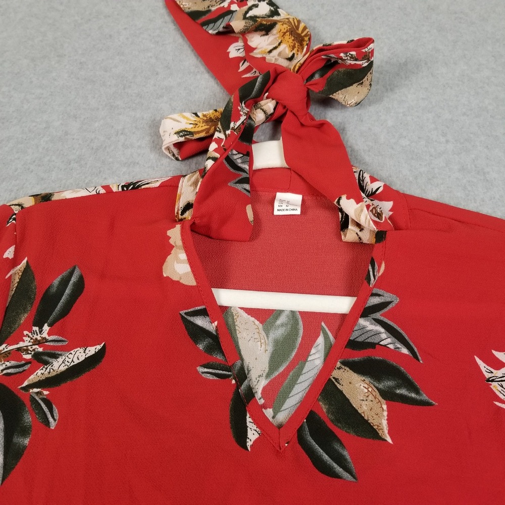 SHEIN Blouse Women M Medium Red Floral Tie Neck Long Sleeve Romantic Cottage Top - Picture 3 of 10